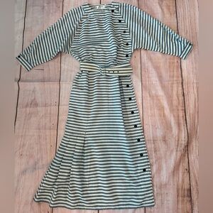 Vintage D’ore 1980’s Stripped Dress Belt Cotton Button Pleated Maxi Contemporary